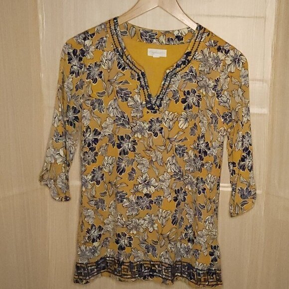 Magnolia Grace Womens Gold Navy Floral Textured Tunic Top Medium - Picture 1 of 9
